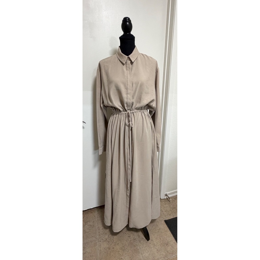 Nordstrom Tan Long Sleeve Maxi Shirt Dress Drawstring Waist Medium Coastal